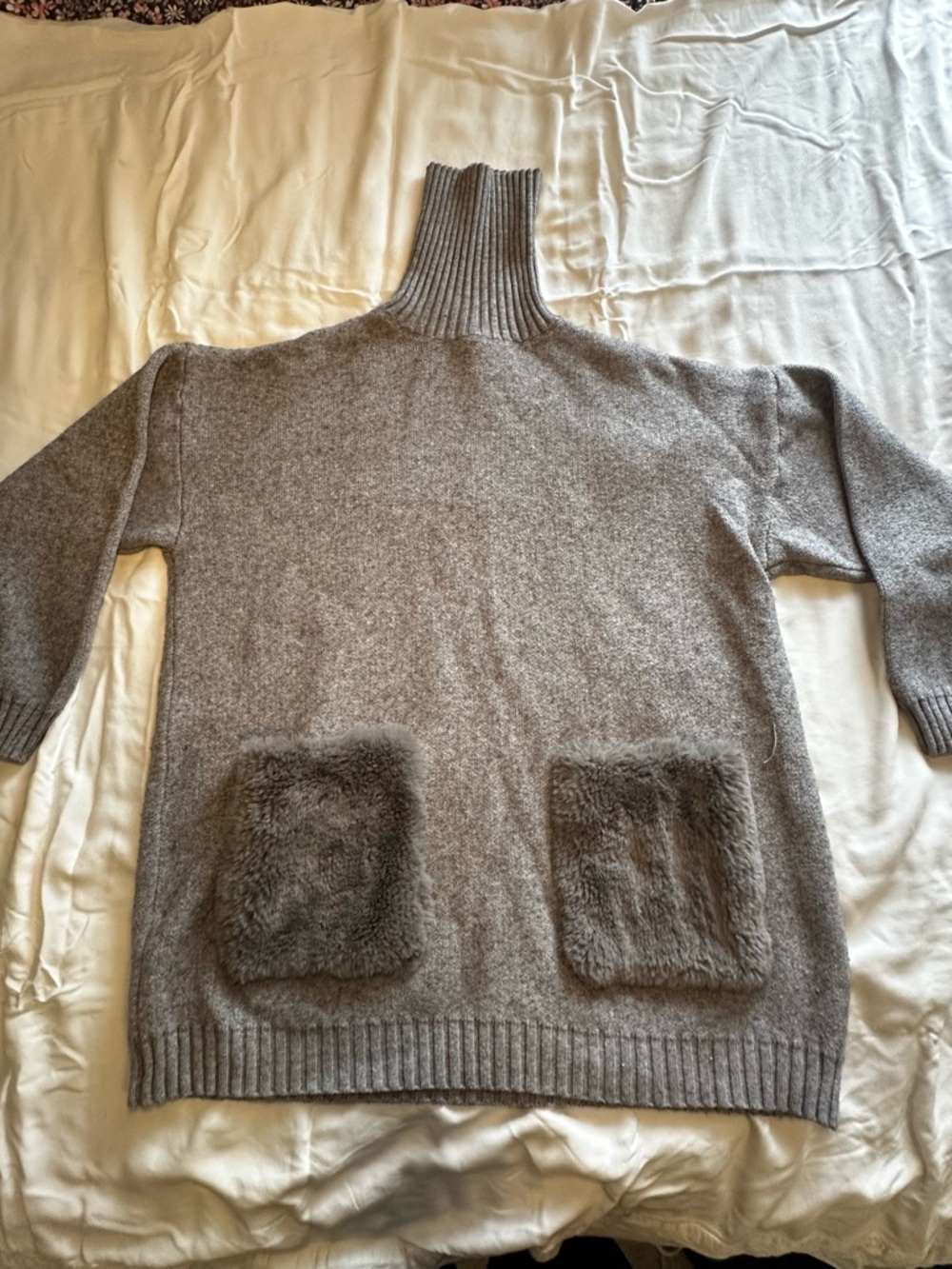 Forever 21 Gray Cowl Neck Sweater with Faux Fur Pockets